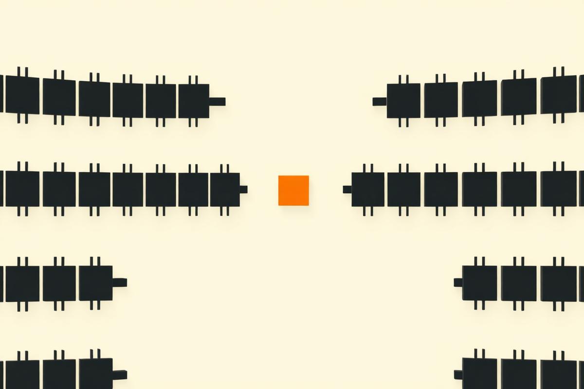 Rows of dark modular blocks with a single orange block marking a break in the sequence, representing automated workflow steps
