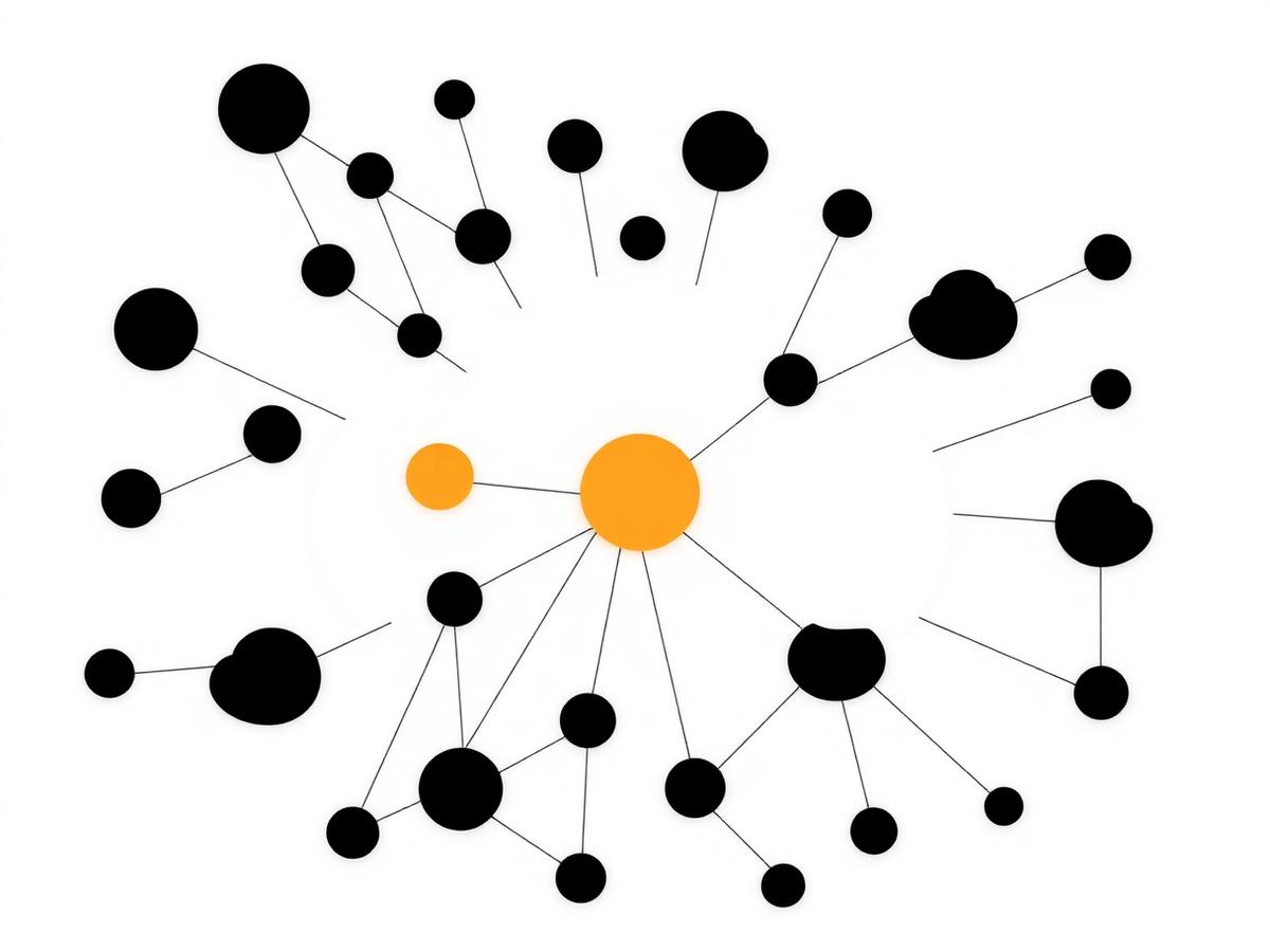 Diagram of connected black nodes radiating from two orange central nodes, illustrating distributed cloud services