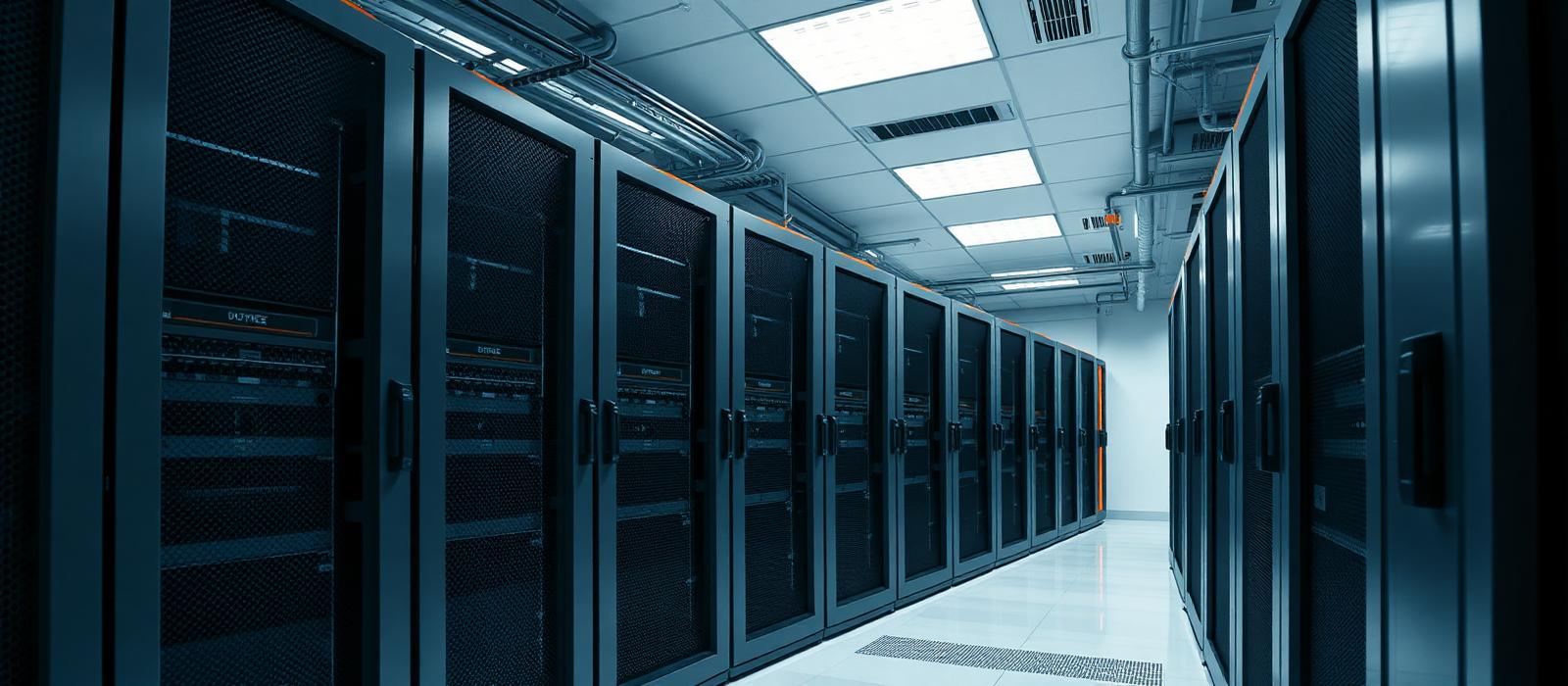 Long corridor of server racks in a data centre with cool lighting and orange status indicators