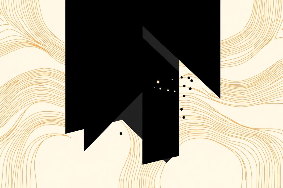 Abstract composition of two overlapping black geometric layers on ivory with fine orange contour lines