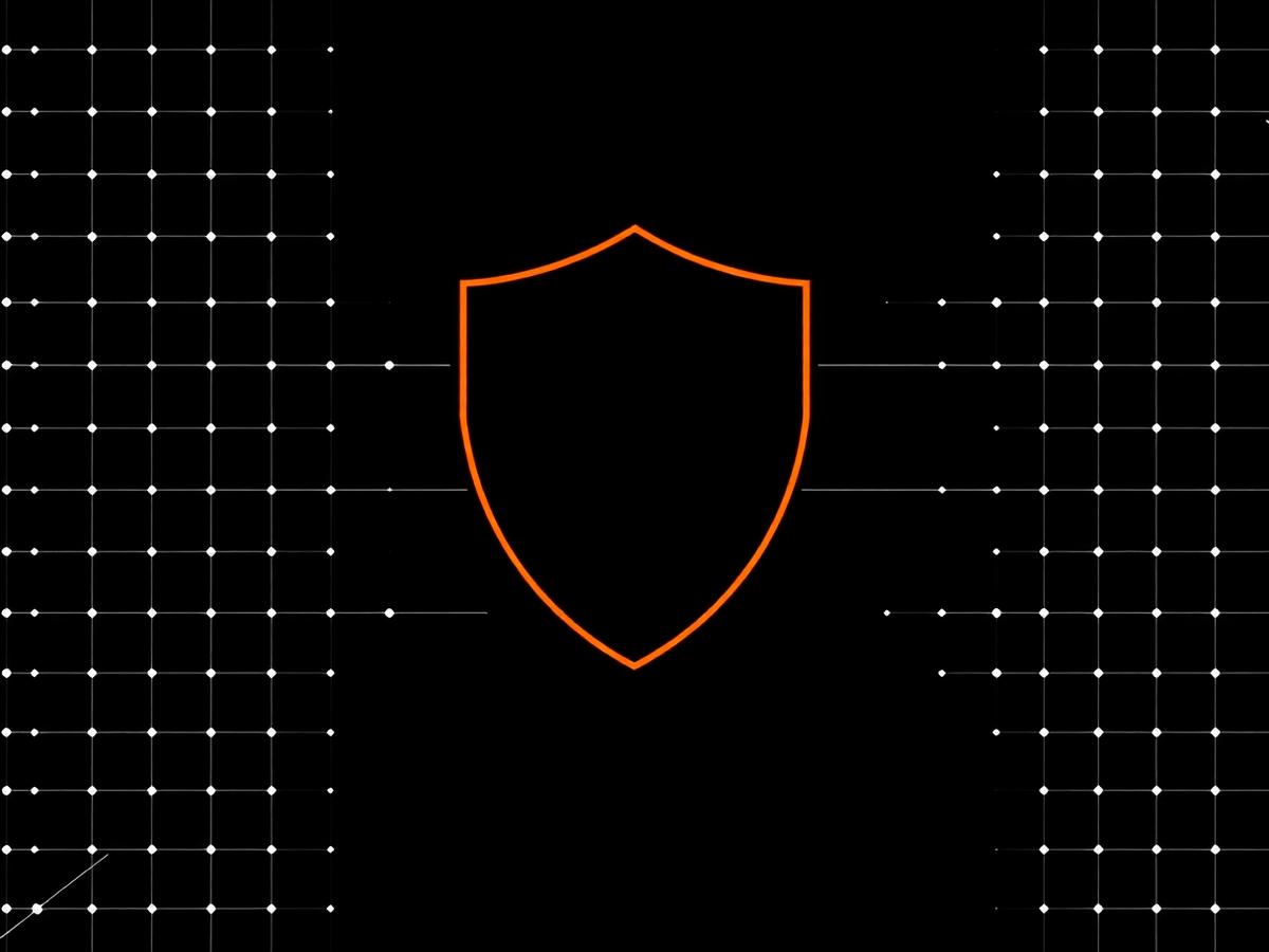 Abstract shield outline in orange on a black background crossed by a fine white technical grid