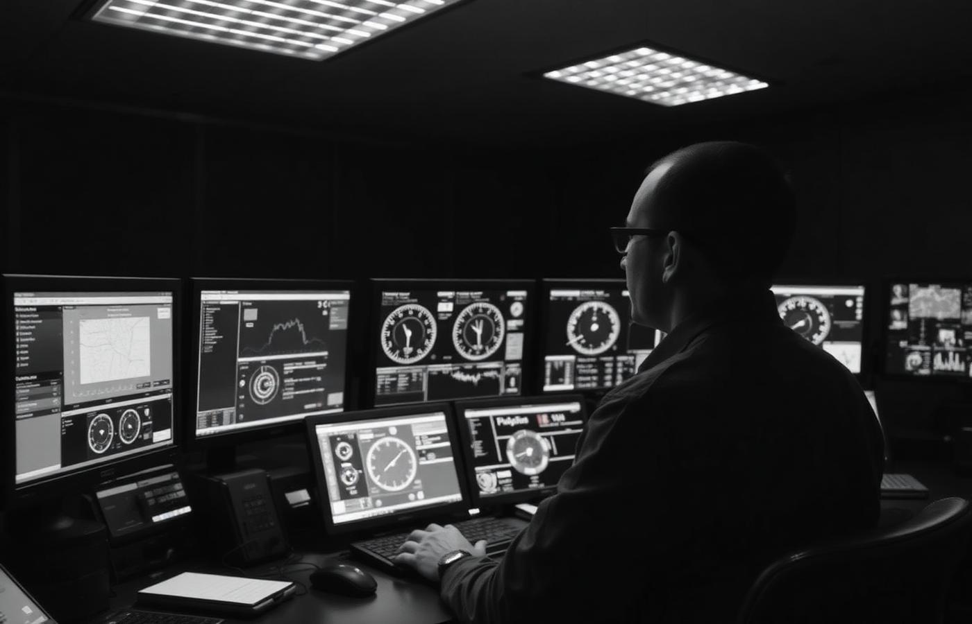 Engineer seated in a dim operations room monitoring several screens showing system dashboards