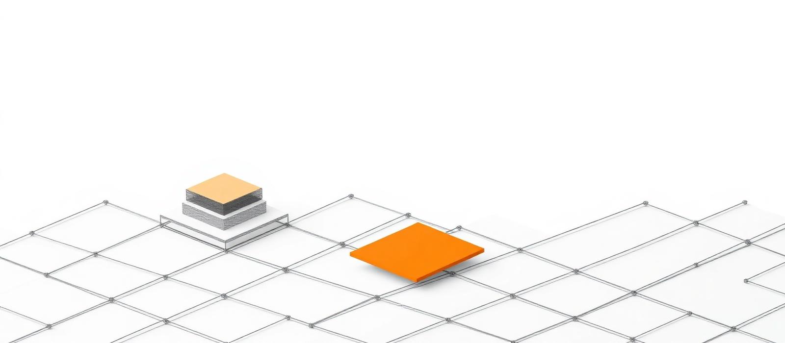 Isometric white grid with stacked layered planes and one orange plane, illustrating web application architecture layers