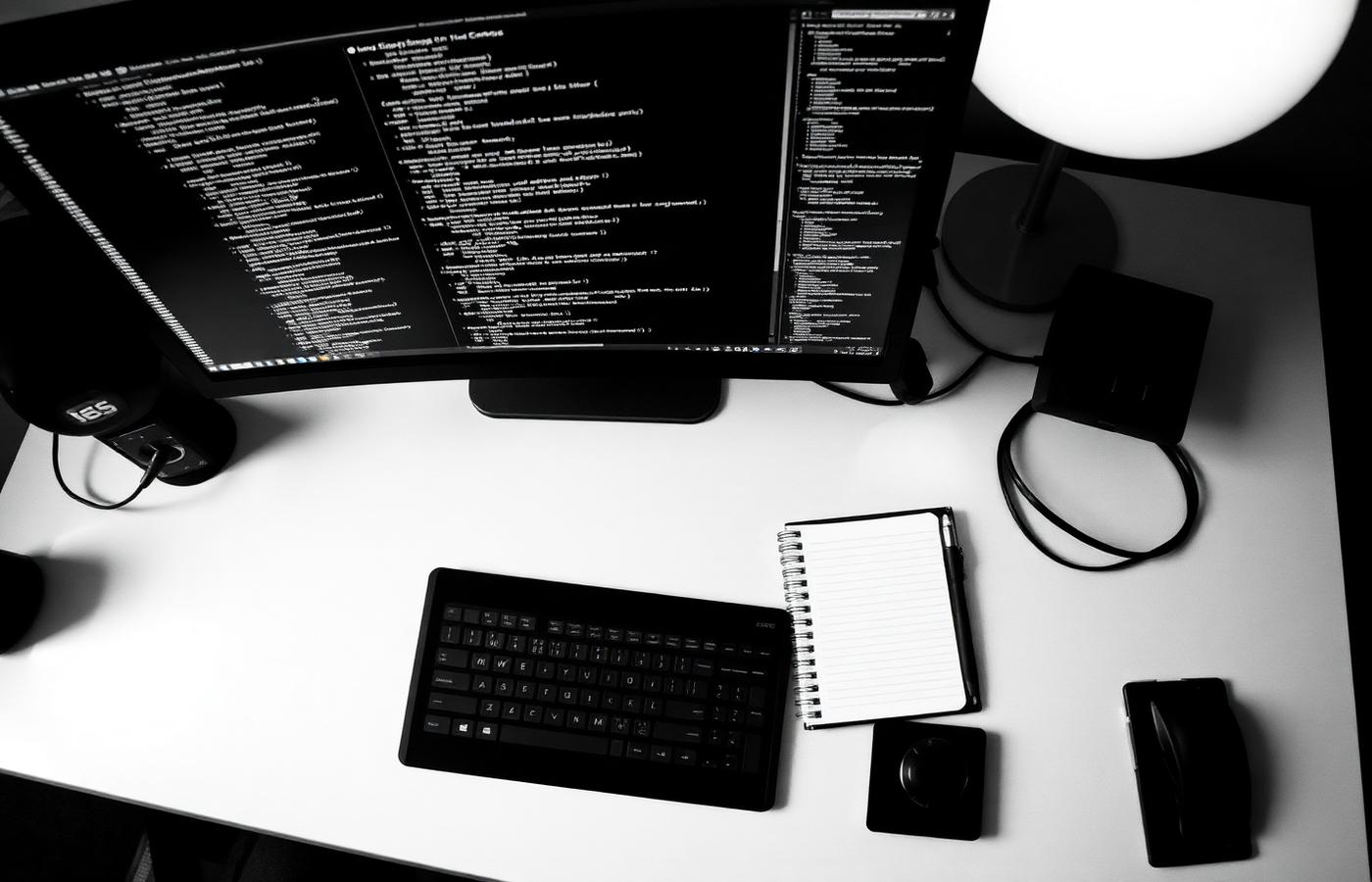 Overhead view of a software development workstation with two monitors displaying code, a keyboard and a notebook